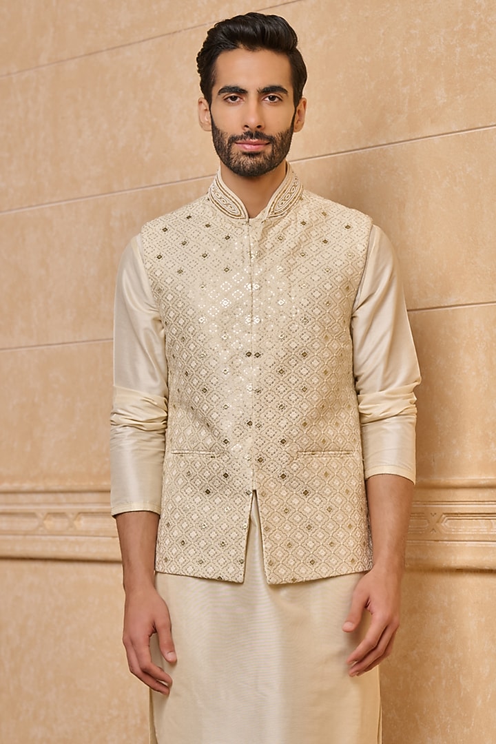 Ivory Viscose & Polyester Embroidered Bundi Jacket by TASVA