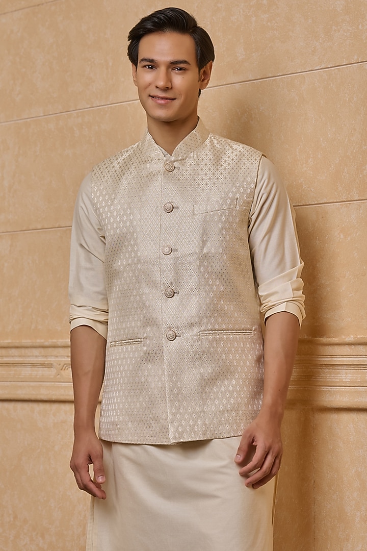 Ivory Polyester & Metallic Bundi Jacket by TASVA