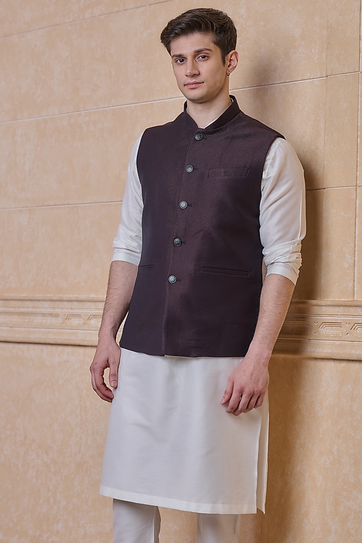 Wine Polyester Bundi Jacket by TASVA
