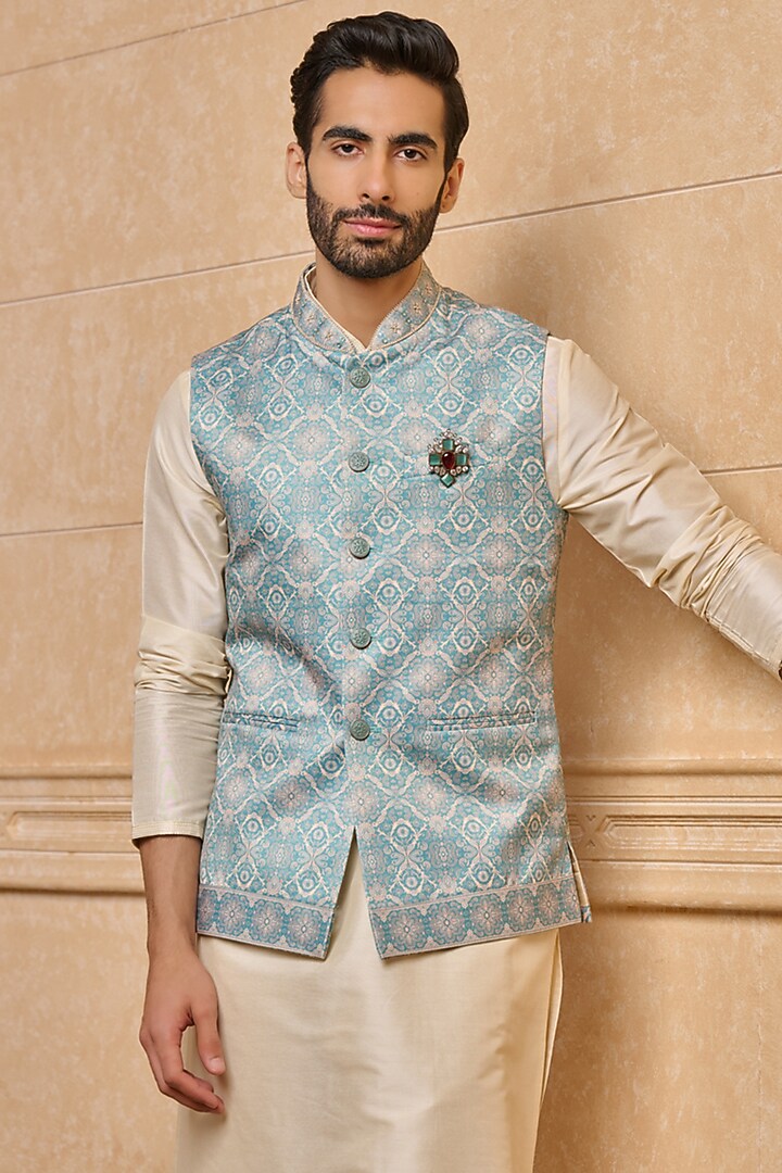 Teal Polyester Bundi Jacket by TASVA