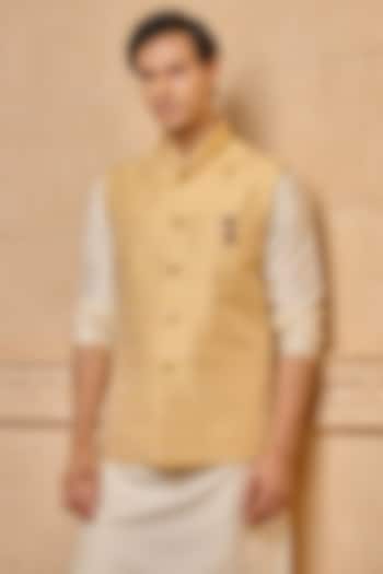 Yellow Viscose & Polyester Bundi Jacket by TASVA