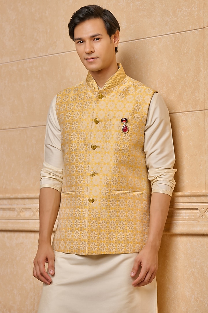 Yellow Viscose & Polyester Bundi Jacket by TASVA