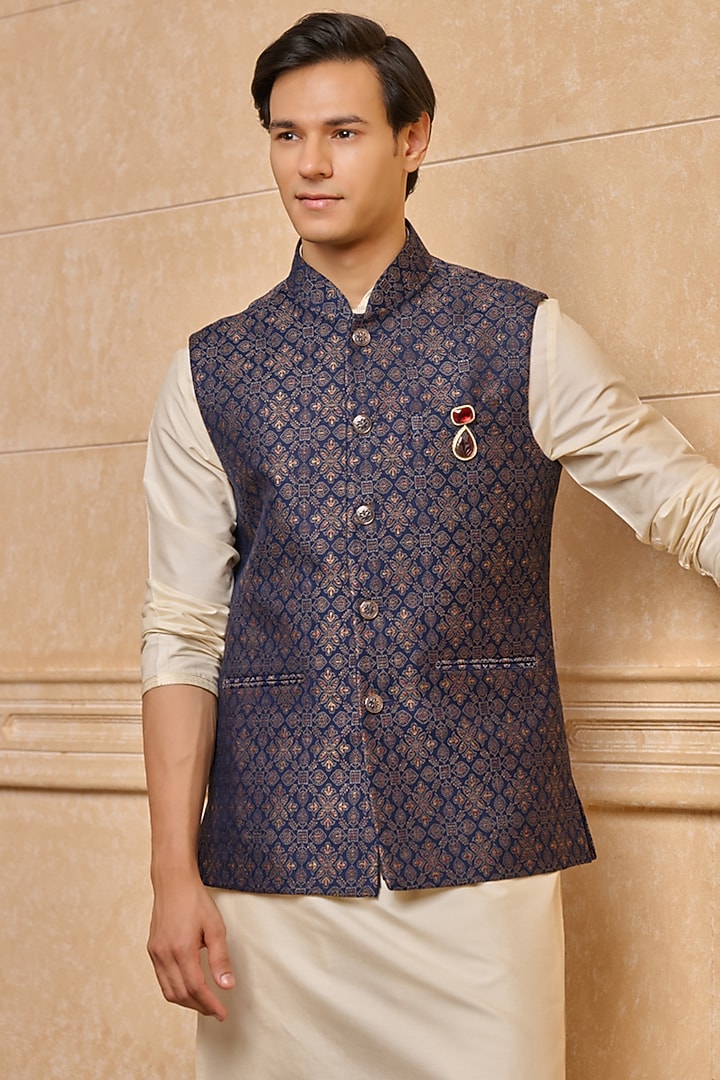 Navy Polyester Bundi Jacket by TASVA