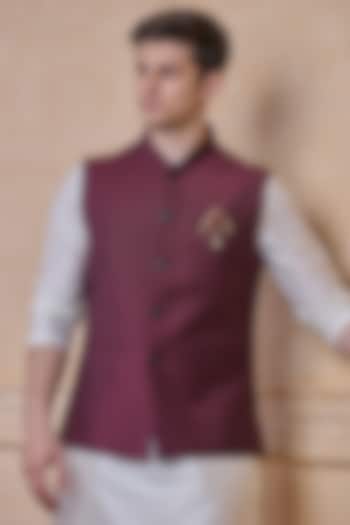 Wine Viscose Embroidered Bundi Jacket by TASVA