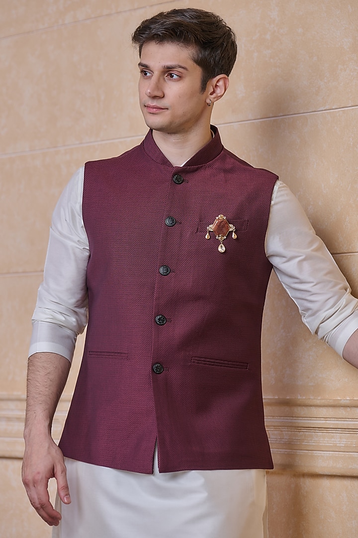 Wine Viscose Embroidered Bundi Jacket by TASVA