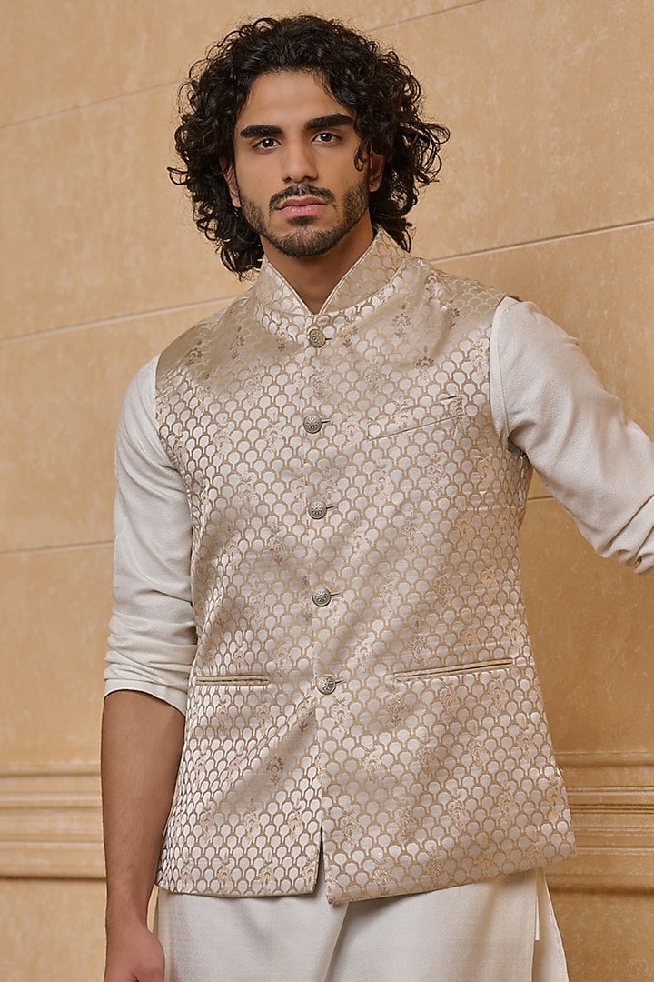 Beige Polyester & Metallic Bundi Jacket by TASVA