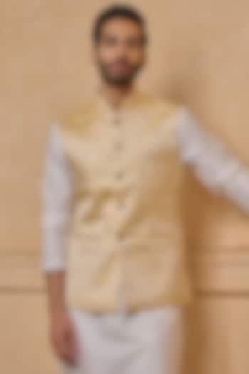 Yellow Polyester & Metallic Bundi Jacket by TASVA