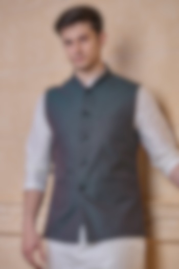 Dark Green Viscose & Polyester Bundi Jacket by TASVA