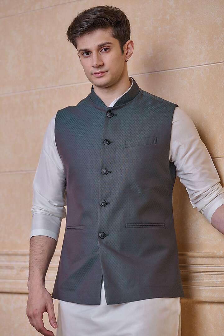 Dark Green Viscose & Polyester Bundi Jacket by TASVA
