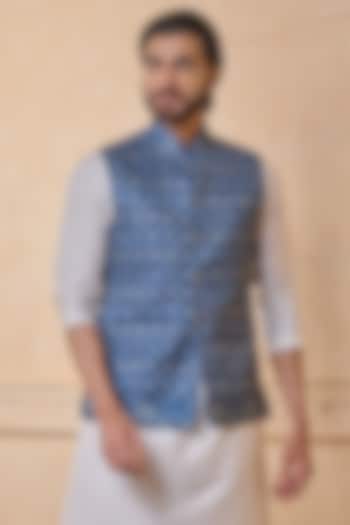 Navy Polyester Blend Printed Bundi Jacket by TASVA