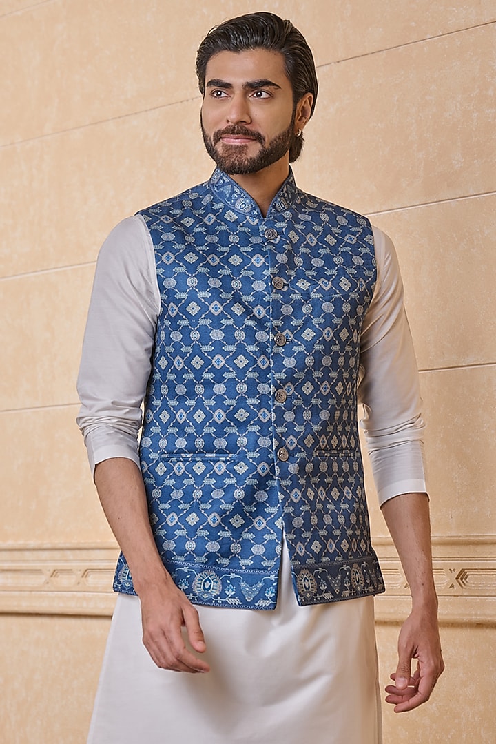 Navy Polyester Blend Printed Bundi Jacket by TASVA