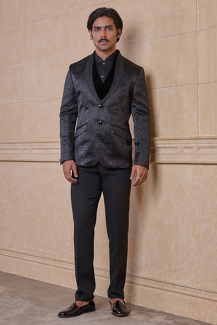 Black Polyester Blazer Set by TASVA