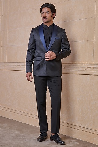 Navy Polyester & Viscose Blazer Set by TASVA