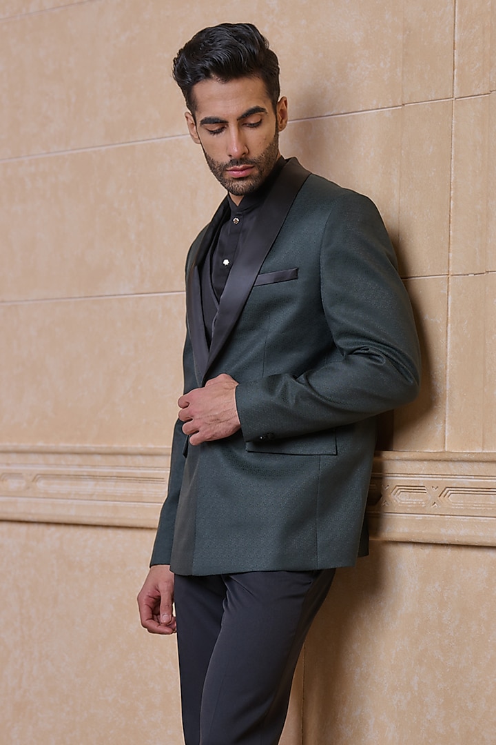 Green Polyester & Viscose Blazer Set by TASVA at Pernia's Pop Up Shop