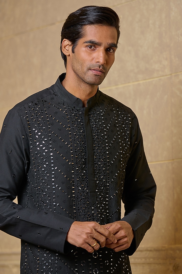 Black Viscose Polyester Mirror Embroidered Kurta Set by TASVA at Pernia's Pop Up Shop