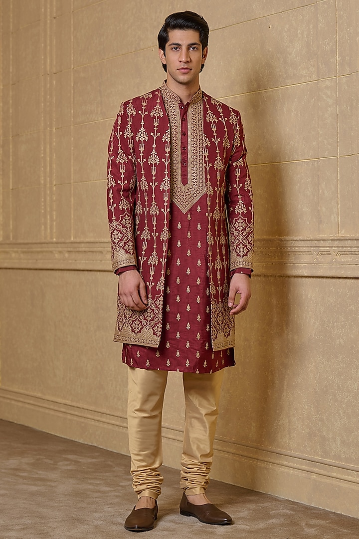 Rust Viscose Polyester Embellished Front-Open Sherwani Set by TASVA
