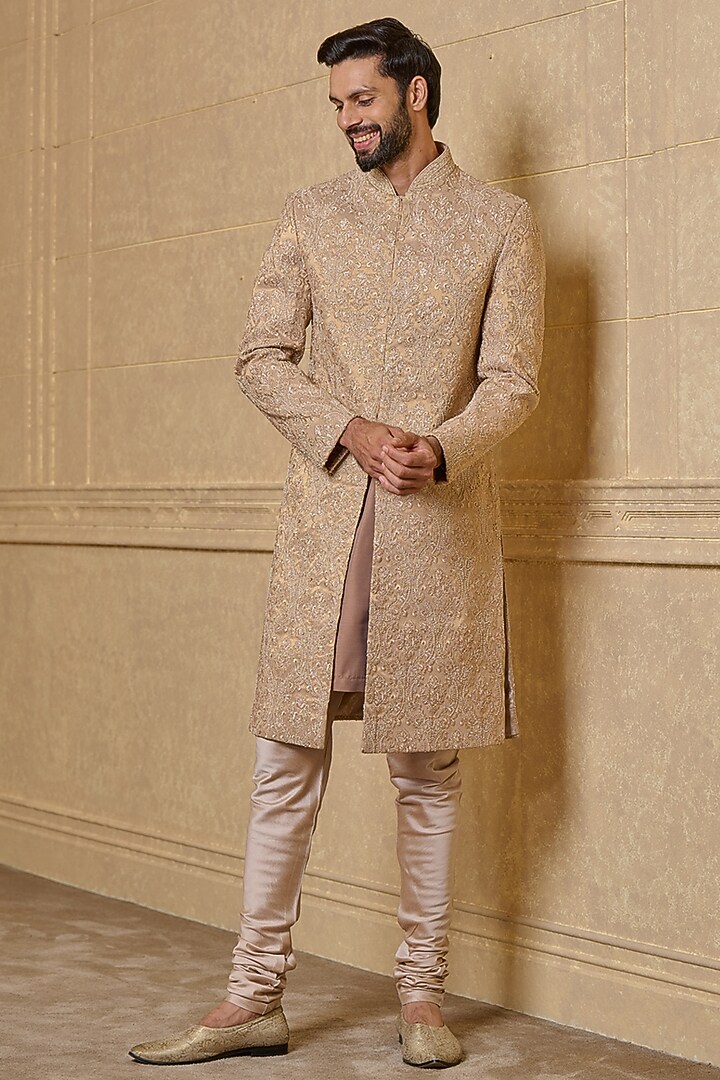 Pink Viscose Polyester Floral Embroidered Wedding Sherwani Set by TASVA at Pernia's Pop Up Shop