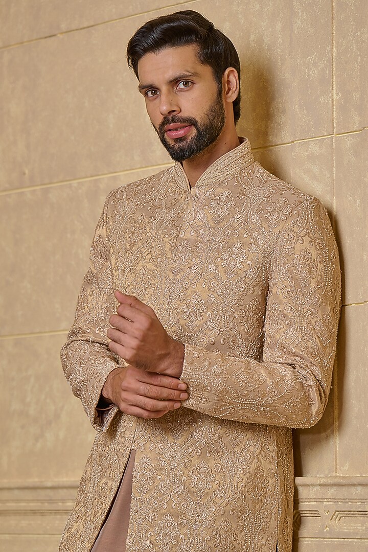 Pink Viscose Polyester Floral Embroidered Wedding Sherwani Set by TASVA at Pernia's Pop Up Shop