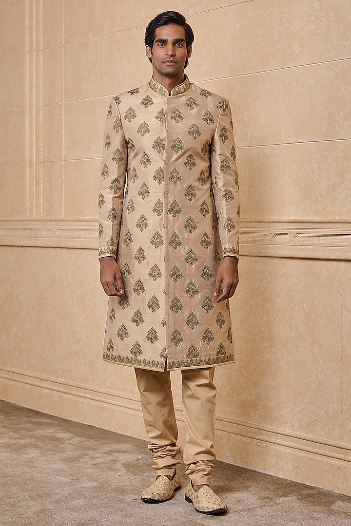 Gold Silk Zari Boota Embroidered Sherwani Set by TASVA at Pernia's Pop Up Shop