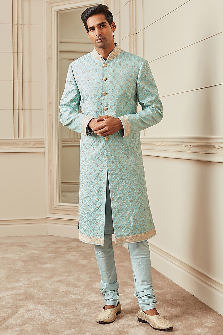 Light Blue Silk & Viscose Blend Embroidered Sherwani Set by TASVA at Pernia's Pop Up Shop