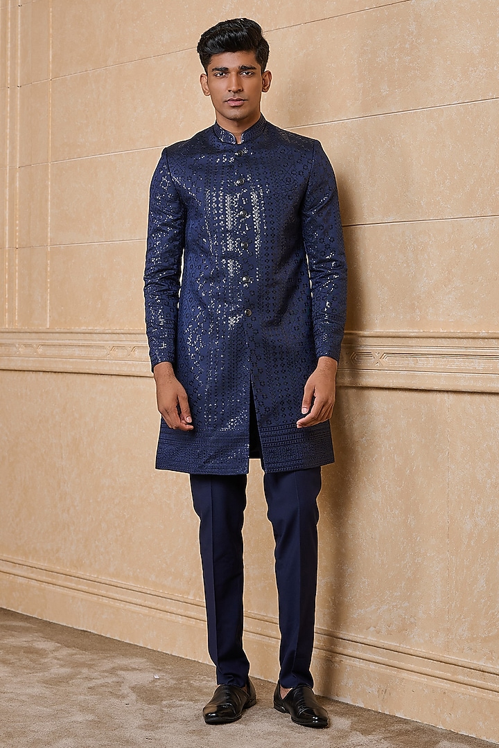 Navy Blue Polyester Embroidered Indowestern Set by TASVA