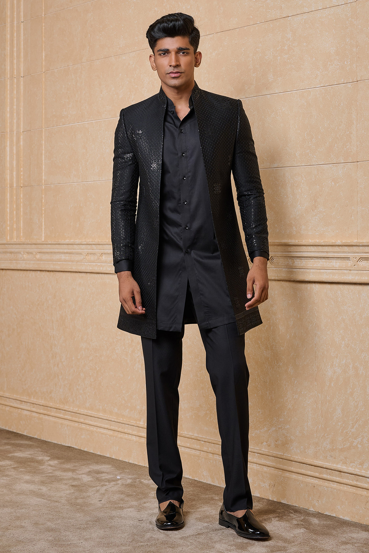 Black Polyester Embroidered Indo Western Set by TASVA at Pernia's Pop Up Shop