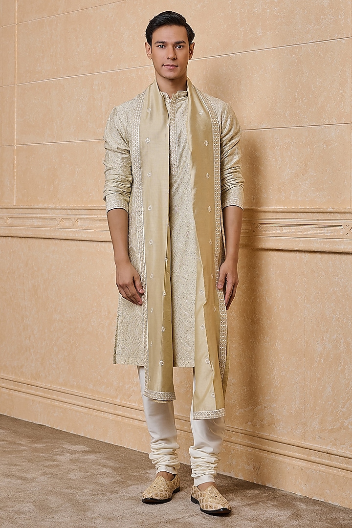 Beige Chanderi & Viscose Blend Embroidered Kurta Set by TASVA