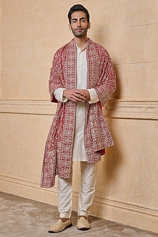 Red Georgette Embroidered Stole by TASVA
