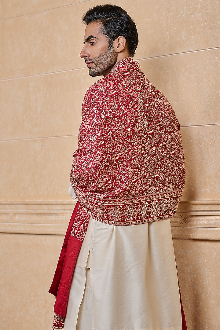 Red Georgette Embroidered Stole by TASVA at Pernia's Pop Up Shop