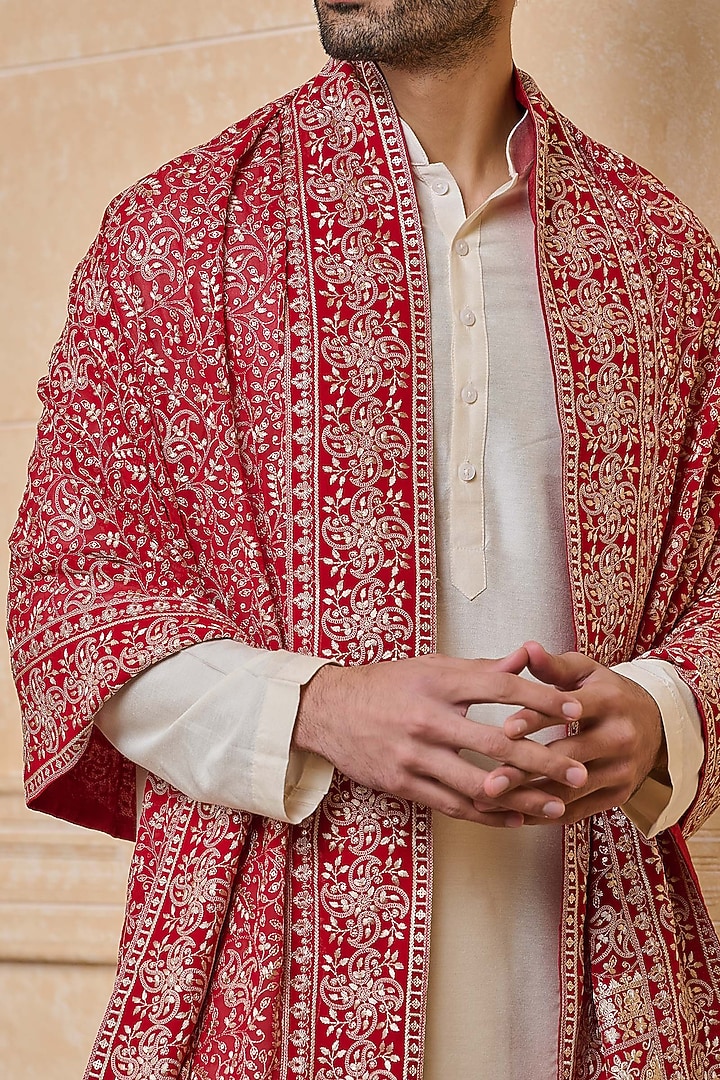 Red Georgette Embroidered Stole by TASVA at Pernia's Pop Up Shop