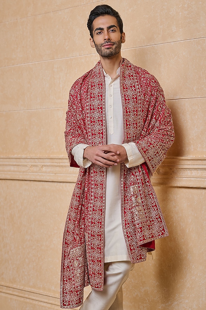 Red Georgette Embroidered Stole by TASVA at Pernia's Pop Up Shop
