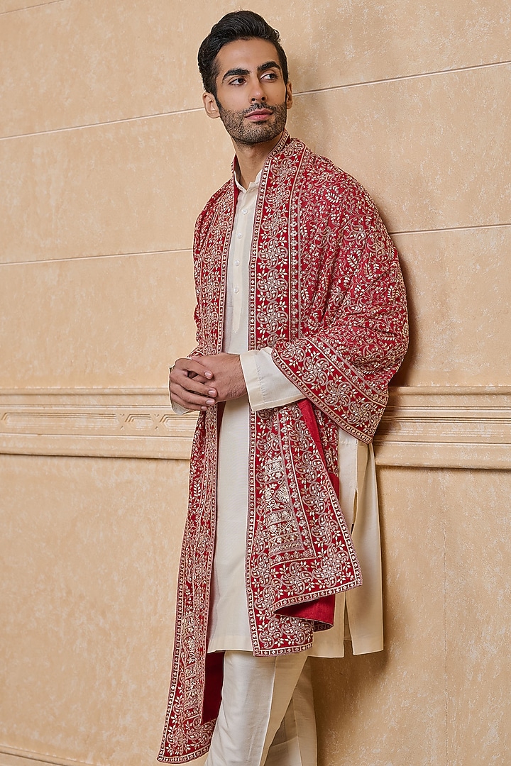 Red Georgette Embroidered Stole by TASVA at Pernia's Pop Up Shop