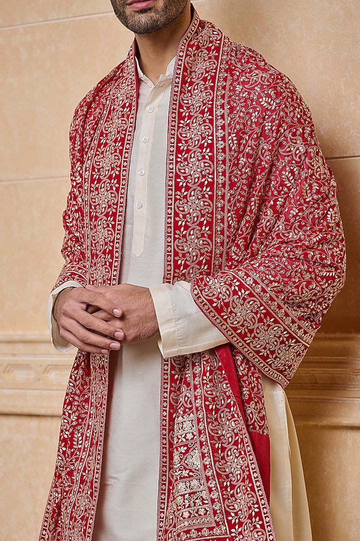 Red Georgette Embroidered Stole by TASVA at Pernia's Pop Up Shop