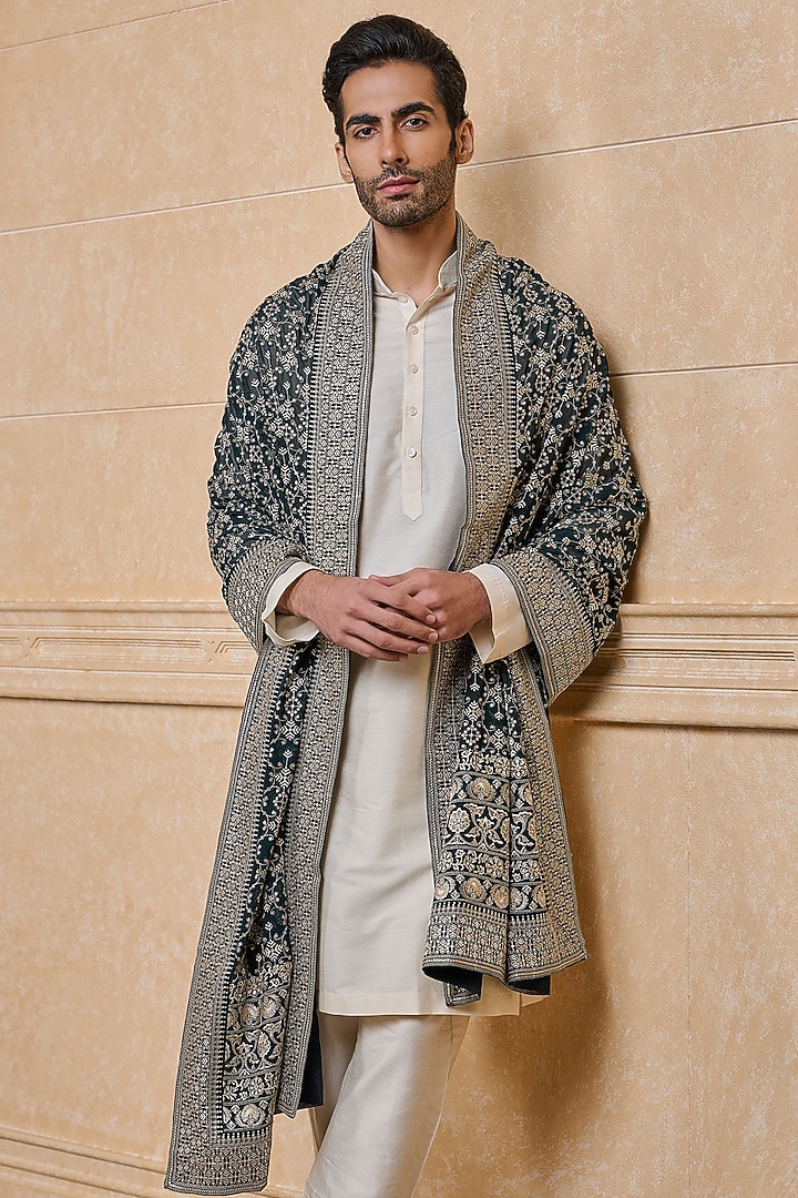 Dark Green Georgette Embroidered Stole by TASVA at Pernia's Pop Up Shop