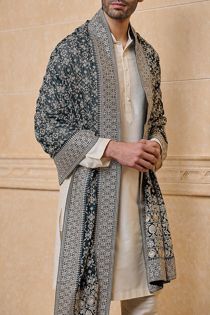 Dark Green Georgette Embroidered Stole by TASVA at Pernia's Pop Up Shop