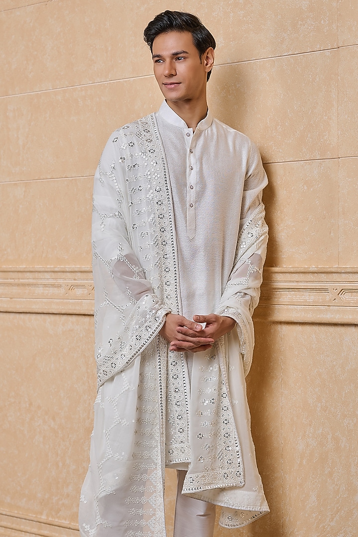 White Georgette Embroidered Stole by TASVA at Pernia's Pop Up Shop