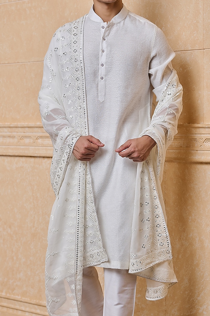 White Georgette Embroidered Stole by TASVA at Pernia's Pop Up Shop