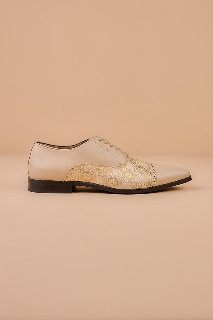 Beige Leather Brogue Shoes by TASVA