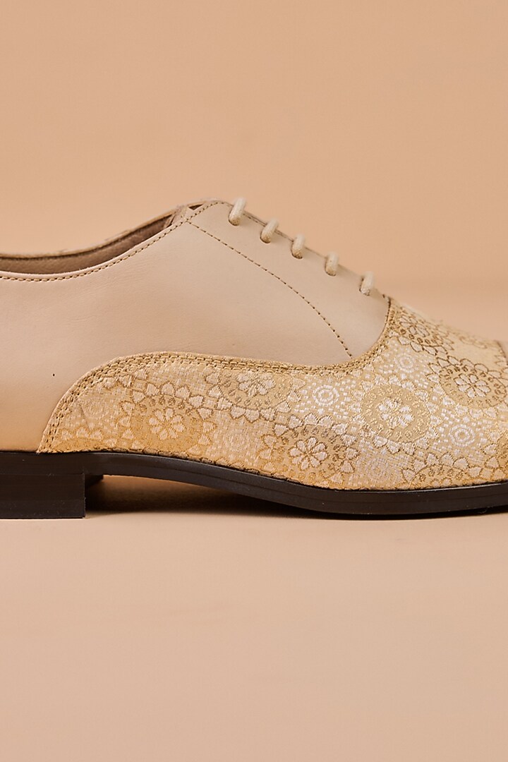 Beige Leather Brogue Shoes by TASVA at Pernia's Pop Up Shop