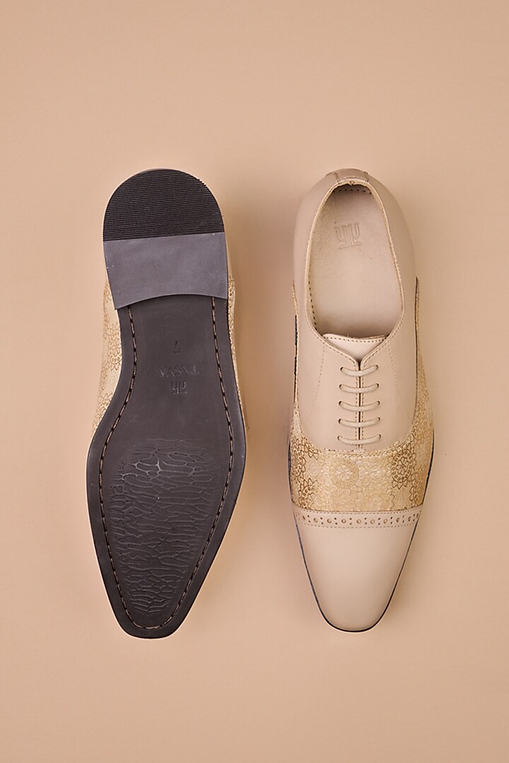 Beige Leather Brogue Shoes by TASVA at Pernia's Pop Up Shop