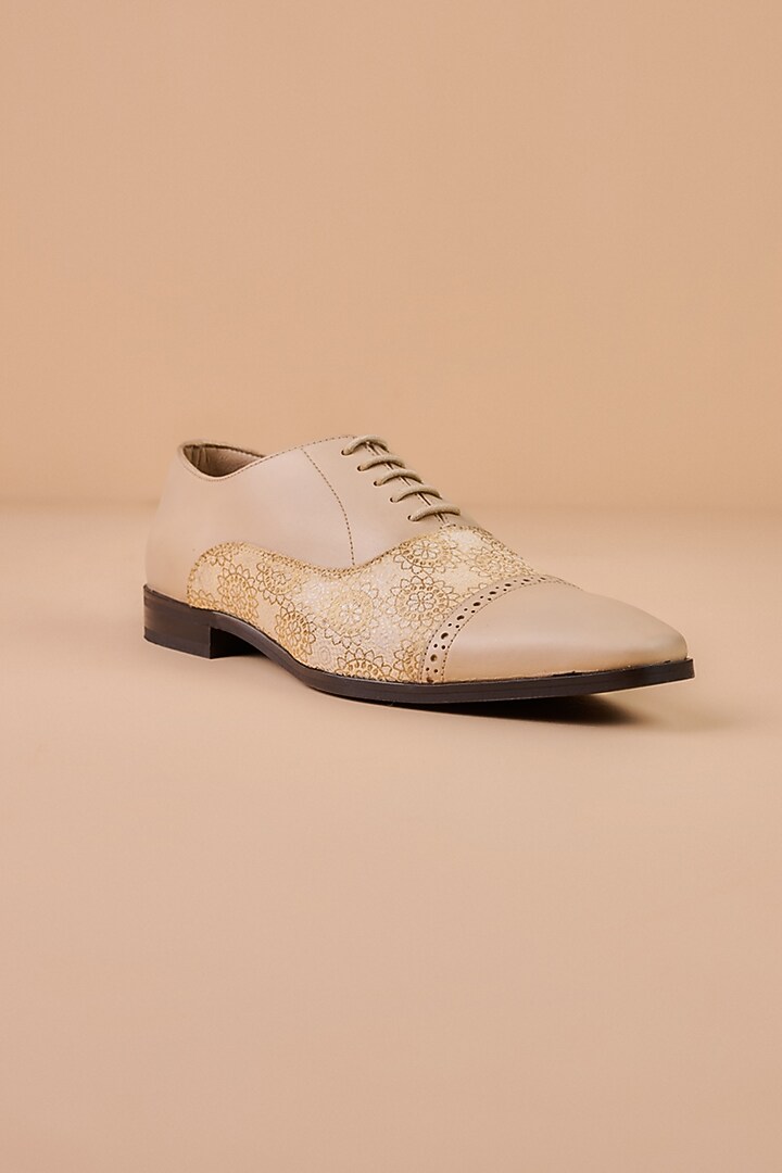 Beige Leather Brogue Shoes by TASVA at Pernia's Pop Up Shop