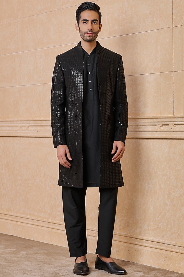 Black Cotton Embroidered Open Indowestern Jacket by TASVA