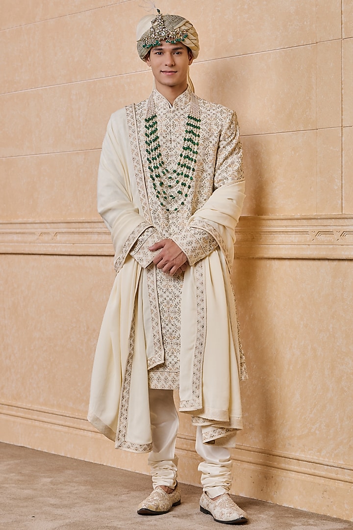 Ivory Viscose Embroidered Sherwani Set by TASVA