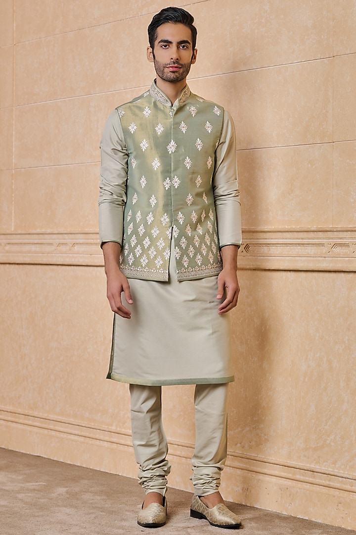 Light Green Rayon & Metallic Embroidered Bundi Jacket Set by TASVA at Pernia's Pop Up Shop