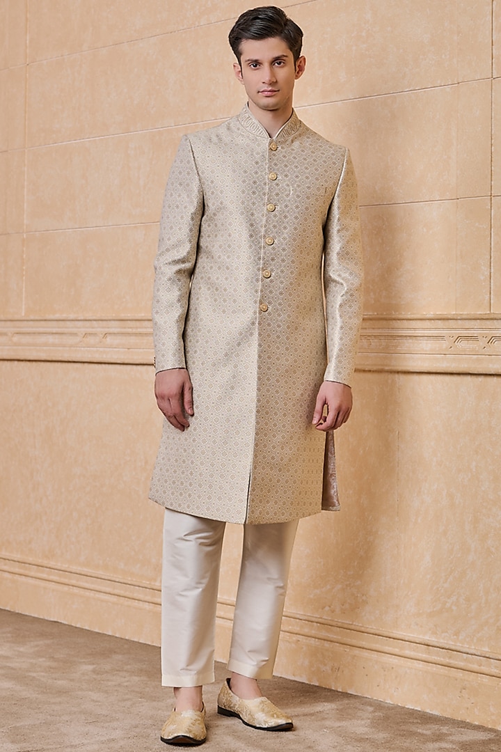 Ivory Viscose & Polyester Embroidered Sherwani Set by TASVA at Pernia's Pop Up Shop