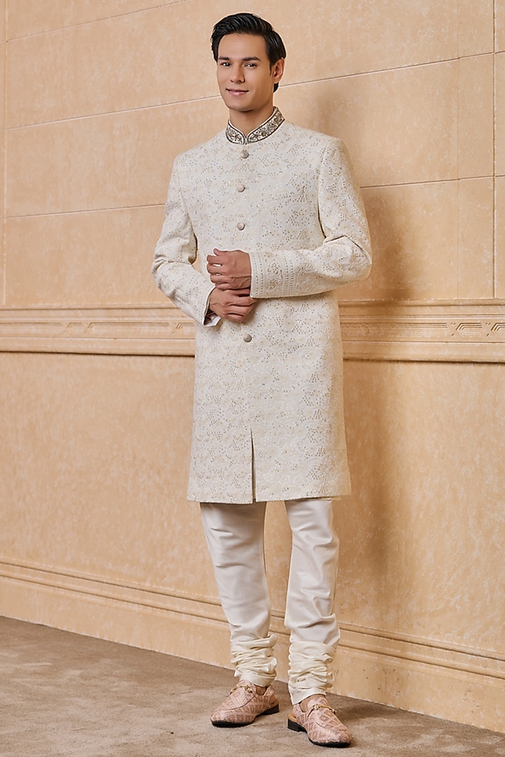 Ivory Polyester Embroidered Sherwani Set by TASVA