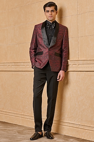 Wine Cotton Blend Blazer Set by TASVA