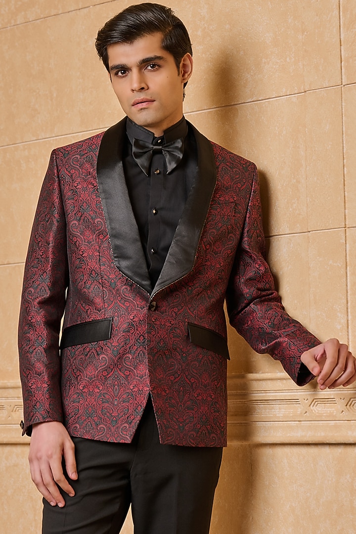 Wine Cotton Blend Blazer Set by TASVA at Pernia's Pop Up Shop