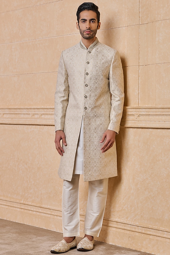 Ivory Polyester & Viscose Embroidered Sherwani Set by TASVA at Pernia's Pop Up Shop