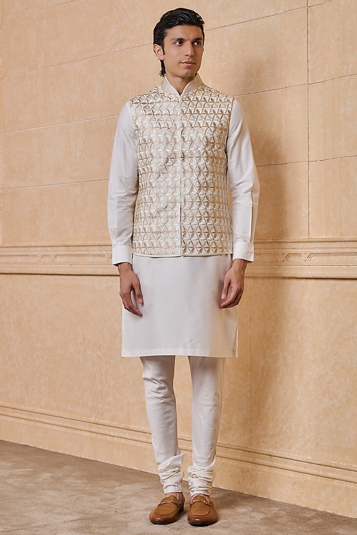 Ivory Viscose & Polyester Embroidered Bundi Jacket Set by TASVA